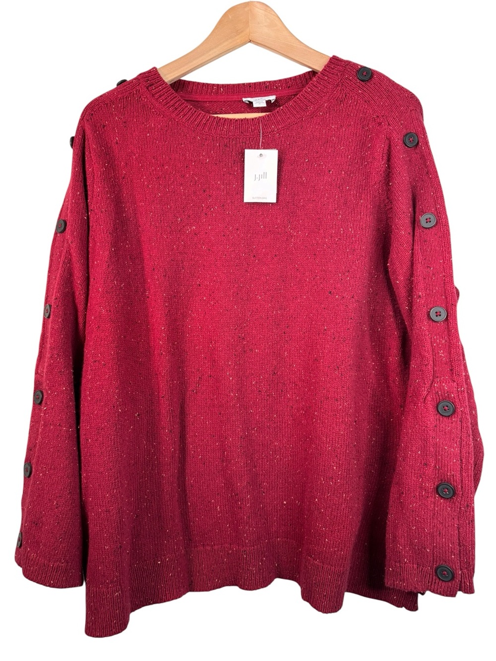 J Jill Button Sleeve Sweater Size XL NWT Red Flecked Cotton Crew Neck Pullover